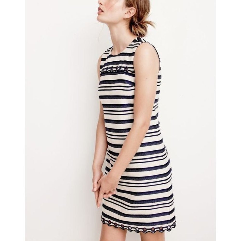 J.Crew Dress Beige Blue Stripe Scalloped Grommets Sleeveless NWT